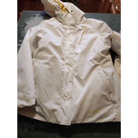 SPYDER white&yellow  Thinsulate hooded  ski jacket sz Large - Picture 1 of 7